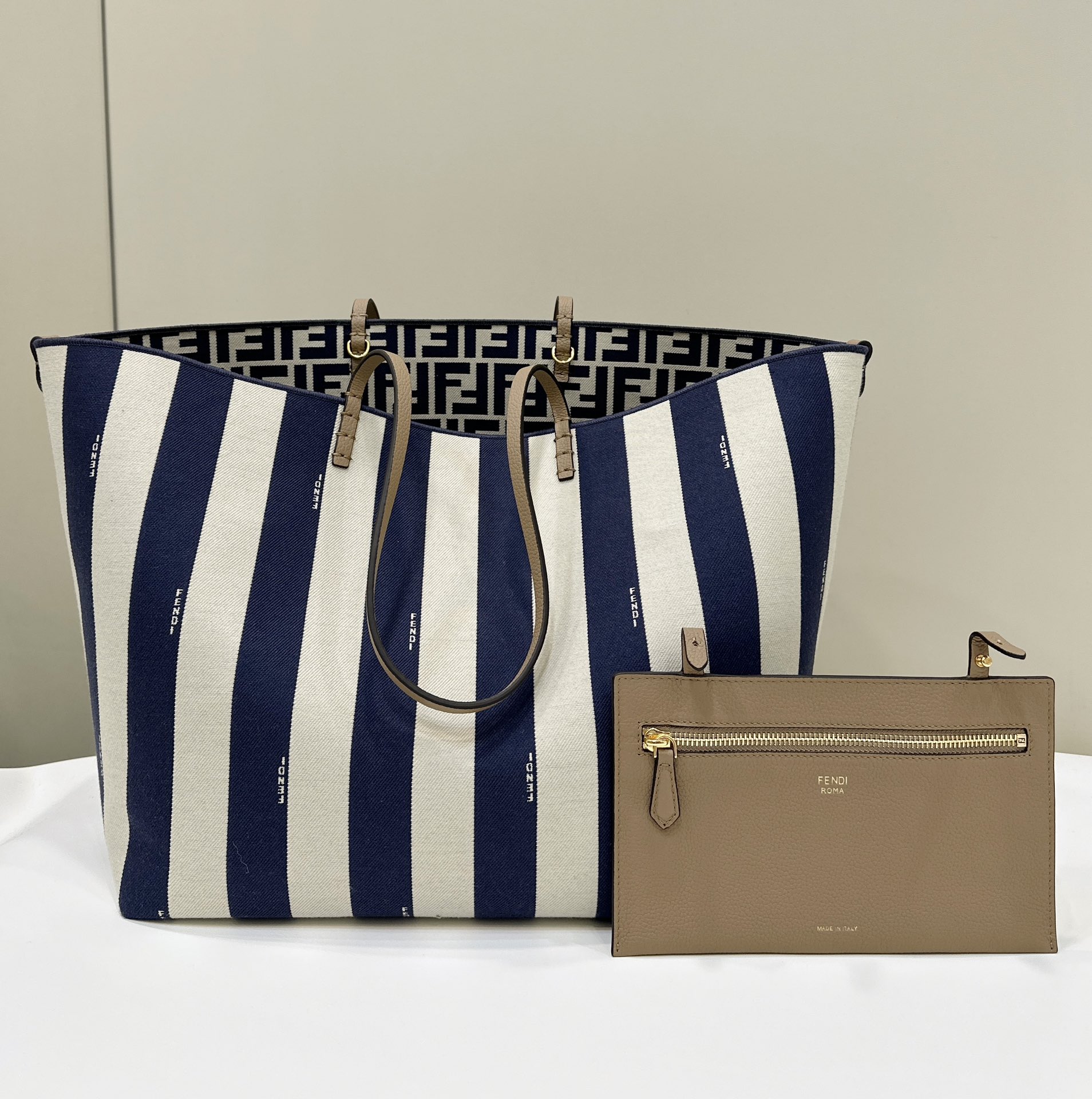 Fendi Large Roll Reversible Shopper Bag in Pequin Striped and Midnight Blue FF Fabric